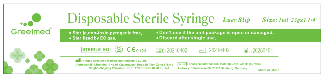 Ochranná sterilná striekačka GREETMED 1 ml/23gxl 1/4' 100 ks